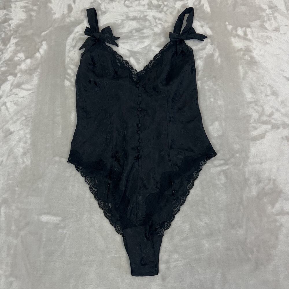 VTG Victorias Secret Bodysuit Womens Medium Black Lingerie Teddy Lace Gold Label
